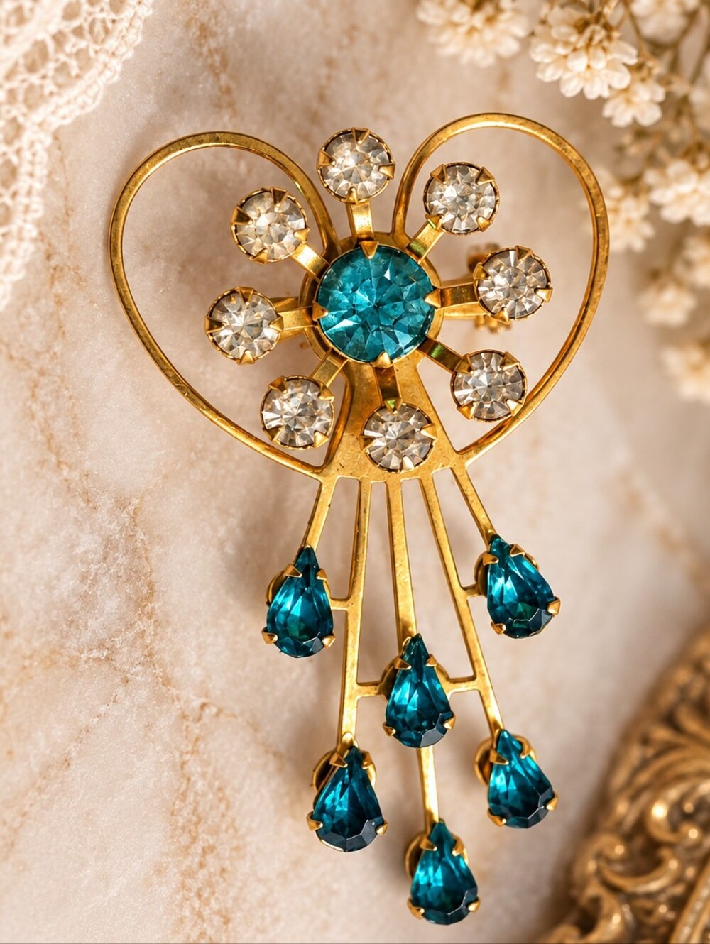 Vintage Heart-Shaped Gold Tone Blue Rhinestone Brooch Pendant
